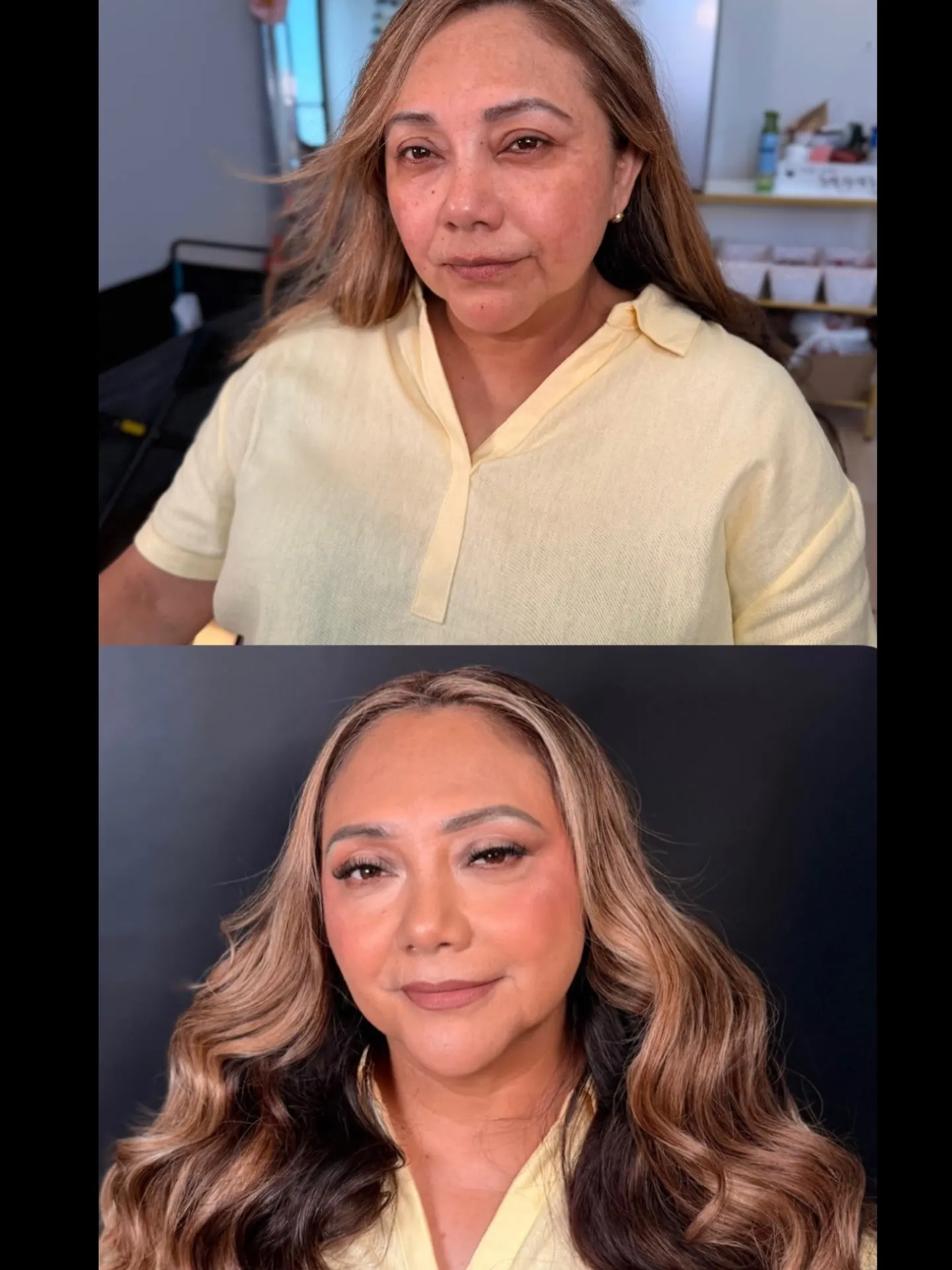 Antes y después de maquillaje y peinado en ondas